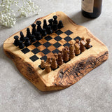 Rustic Olive Wood Chess Board with Chess Pieces