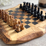 Rustic Olive Wood Chess Board with Chess Pieces