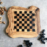 Rustic Olive Wood Chess Board with Chess Pieces