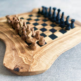 Rustic Olive Wood Chess Board with Chess Pieces