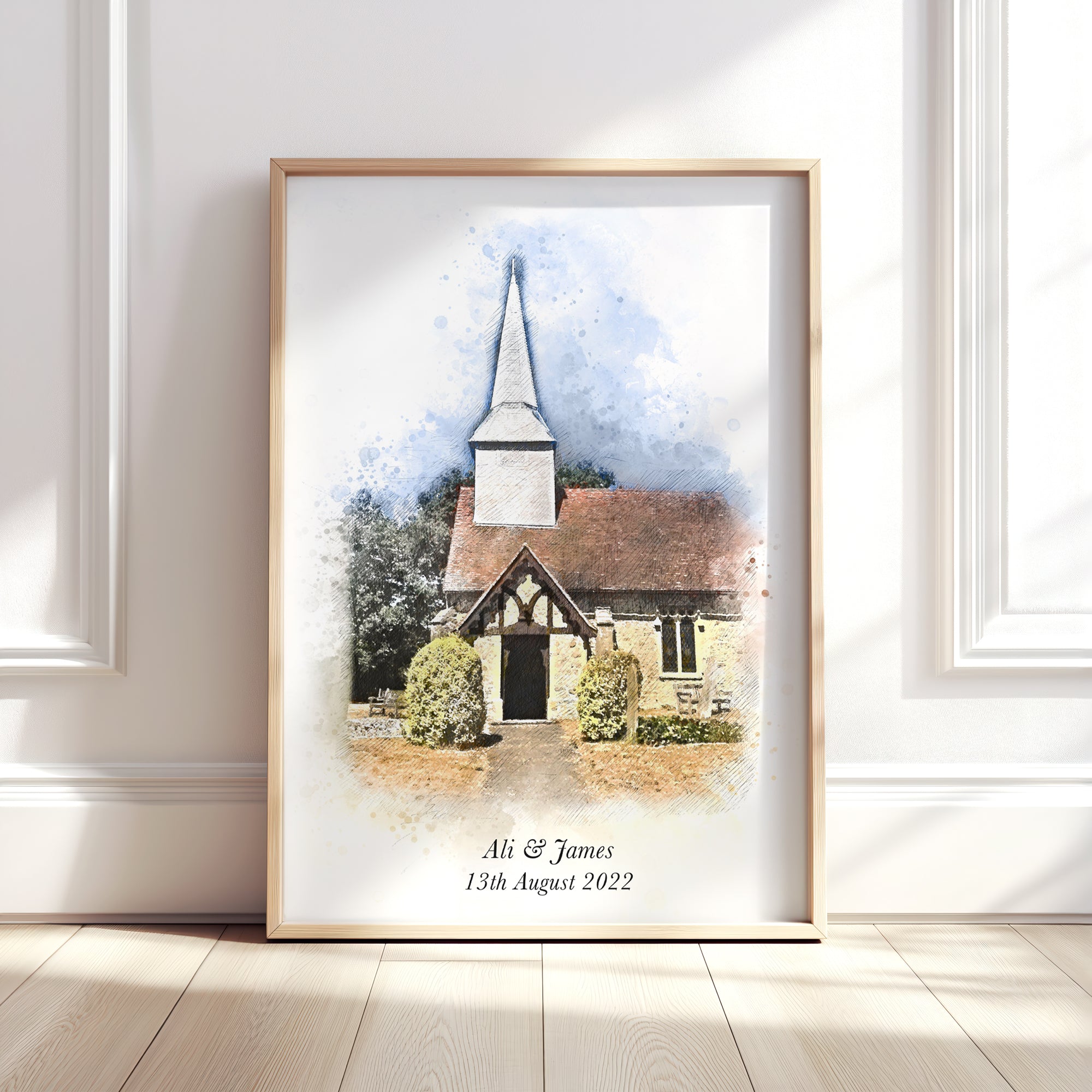Personalised Watercolour Wedding Venue or Church Portrait Print