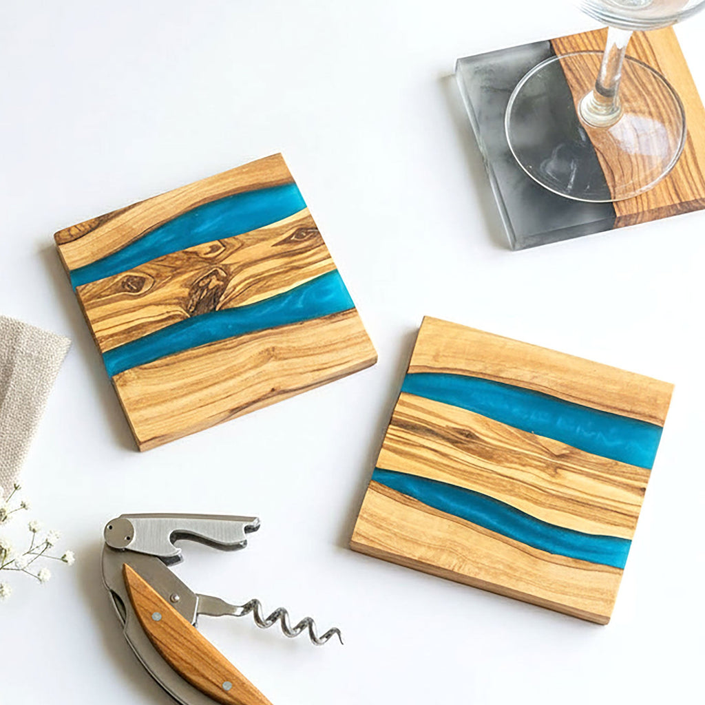 Handmade Rustic Olive Wood Drinks Coasters with Blue Resin