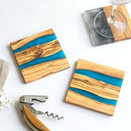 Handmade Rustic Olive Wood Drinks Coasters with Blue Resin
