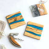 Handmade Rustic Olive Wood Drinks Coasters with Blue Resin