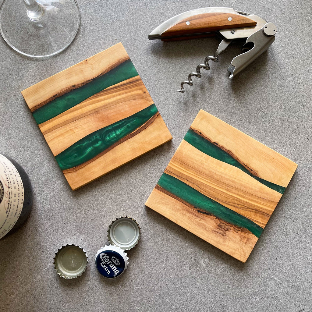 Handmade Olive Wood Drinks Coasters with Green River Resin