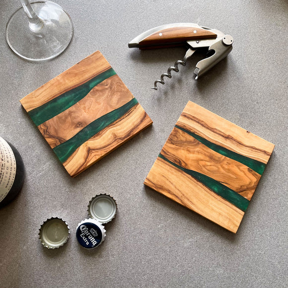 Handmade Olive Wood Drinks Coasters with Green River Resin