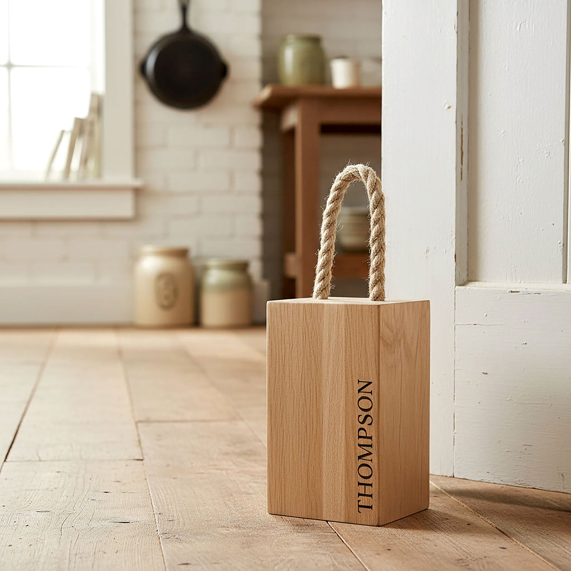 Personalised Solid Oak Door Stop with Rope Carrying Handle