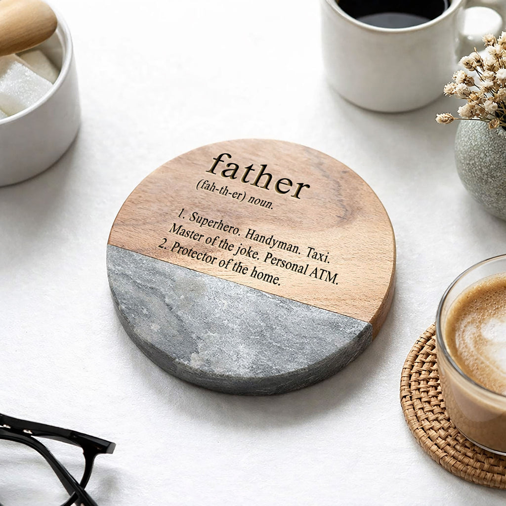 Father Definition Marble & Acacia Coaster