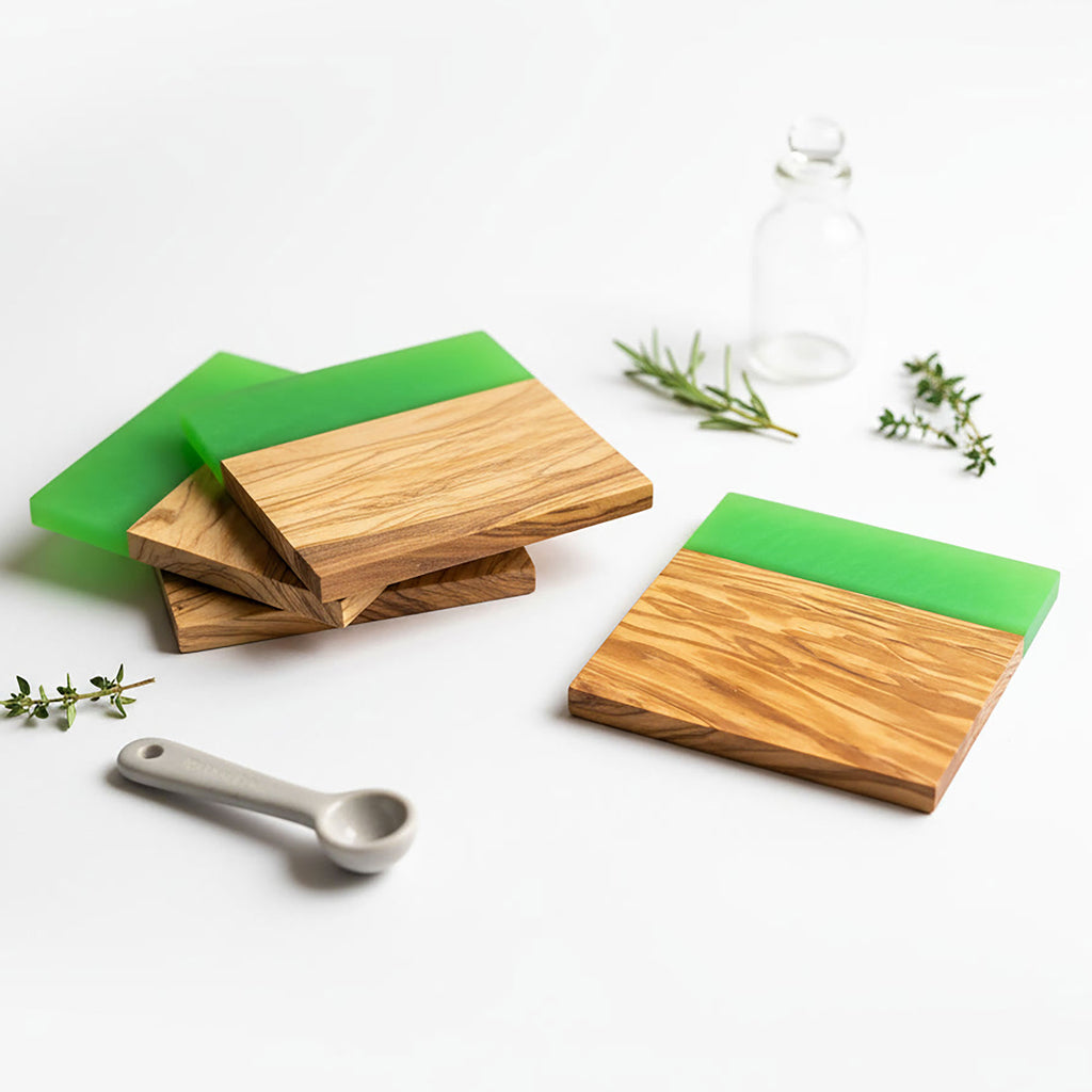 Set of 4 Italian Olive Wood and Vibrant Green Resin Drinks Coasters
