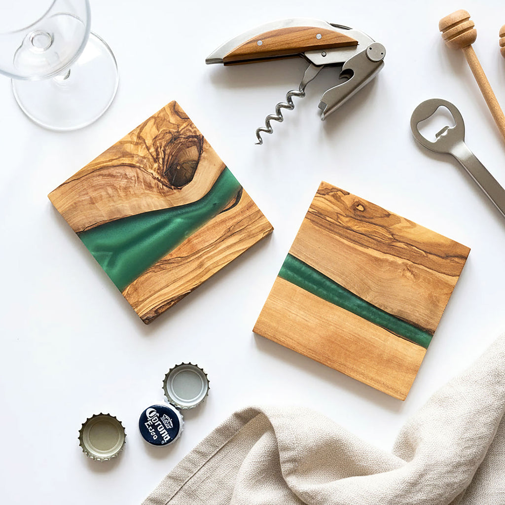Handmade Olive Wood & Resin Drinks Coasters