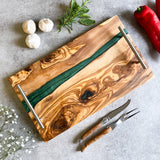 Olive Wood Resin River Tray - Green Vein | Length 15.7" (40cm) Steel Handles