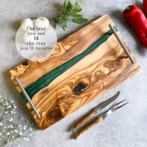 Olive Wood Resin River Tray - Green Vein | Length 15.7" (40cm) Steel Handles