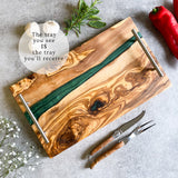 Olive Wood Resin River Tray - Green Vein | Length 15.7" (40cm) Steel Handles