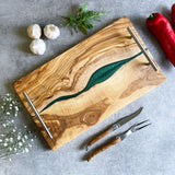 Olive Wood Resin River Tray - Green Vein | Length 15.7" (40cm) Steel Handles