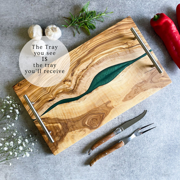 Olive Wood Resin River Tray - Green Vein | Length 15.7