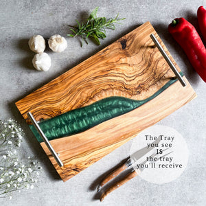 Olive Wood Resin River Tray - Green Vein | Length 15.7" (40cm) Steel Handles