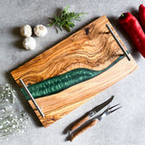 Olive Wood Resin River Tray - Green Vein | Length 15.7" (40cm) Steel Handles