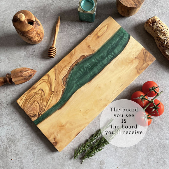 Olive Wood Resin River Cheese Board - Green Vein | Length 15.7