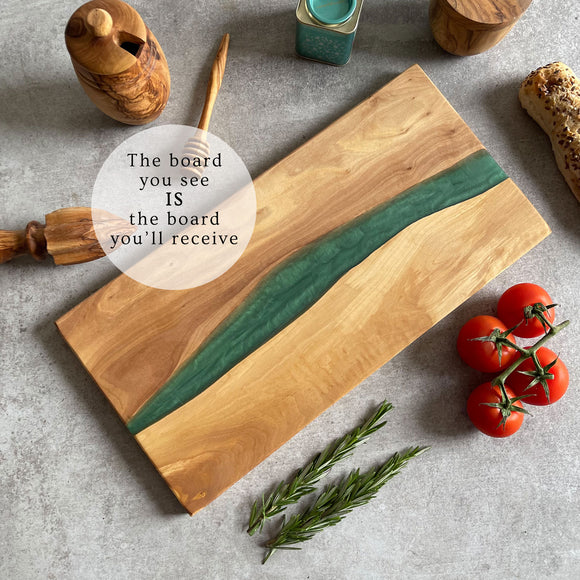 Olive Wood Resin River Cheese Board - Green Vein | Length 15.7