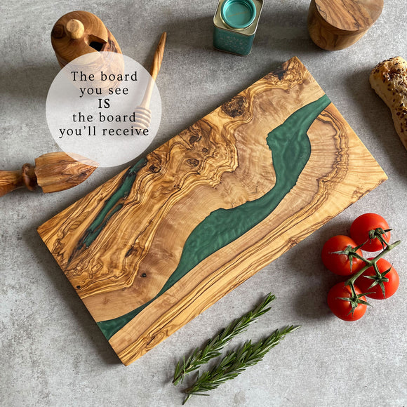 Olive Wood Resin River Cheese Board - Green Vein | Length 15.7