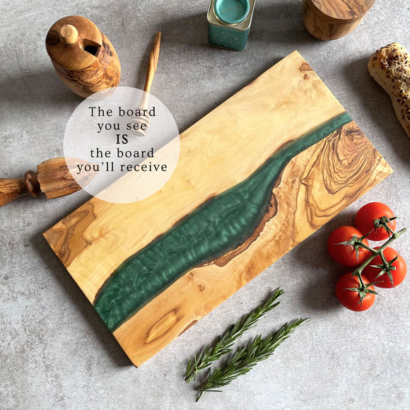 Olive Wood Resin River Cheese Board - Green Vein | Length 15.7