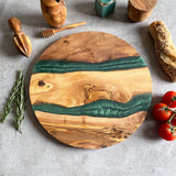 Large Olive Wood Serving River Board with Dual Green Veins - Dia 14" (35cm)