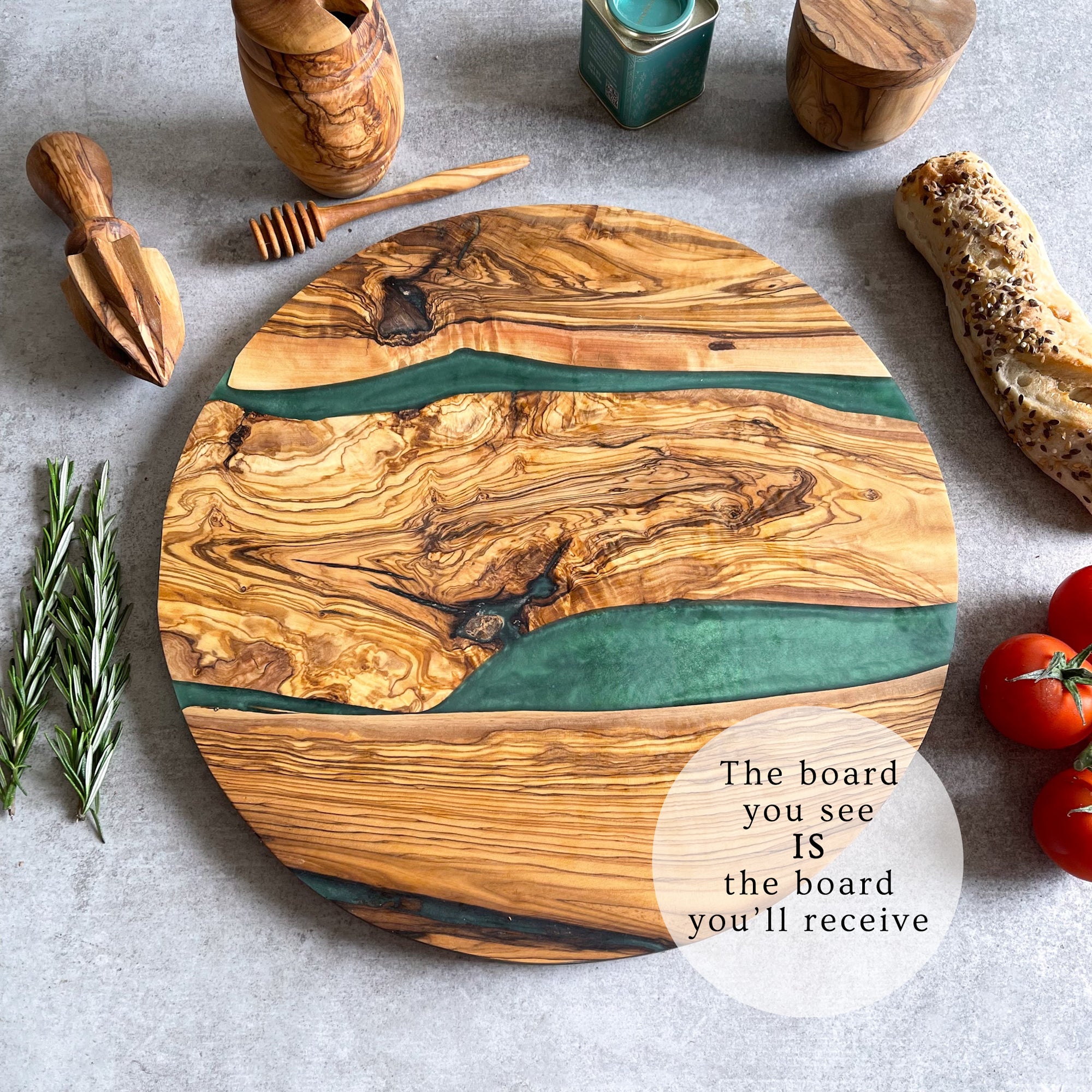 Large Olive Wood Serving River Board with Dual Green Veins - Dia 14" (35cm)