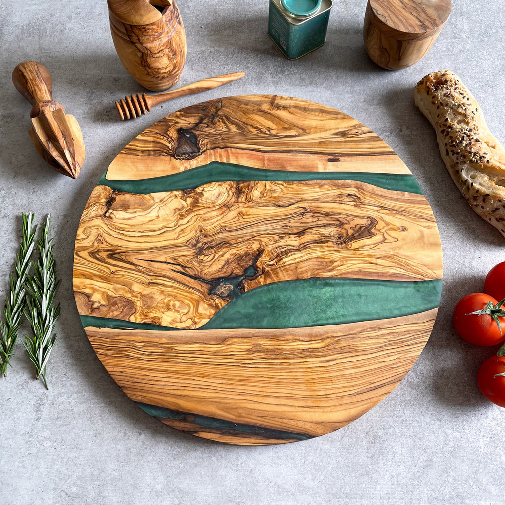 Large Olive Wood Serving River Board with Dual Green Veins - Dia 14" (35cm)