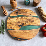 Large Olive Wood Serving Resin Board with Dual Green Veins - Dia 14" (35cm)