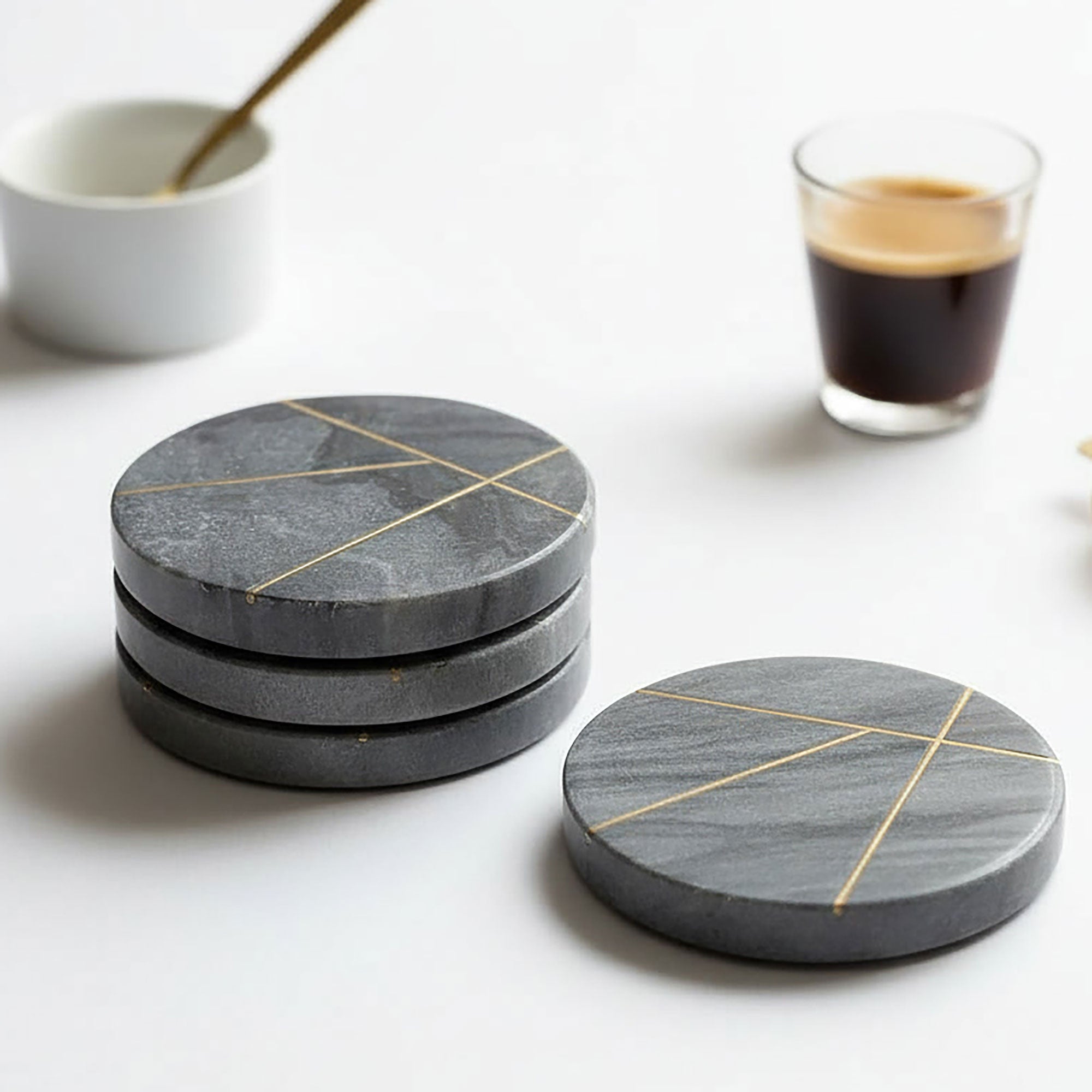 Set of 4 Grey Marble Contemporary Coasters With Brass Insert Detailing