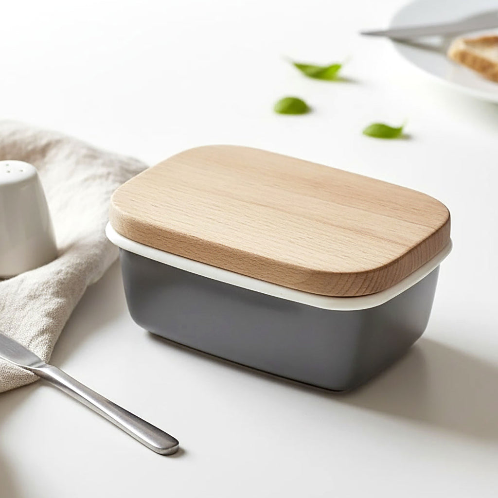 Enamel Scandi Butter Dish - Dark Grey