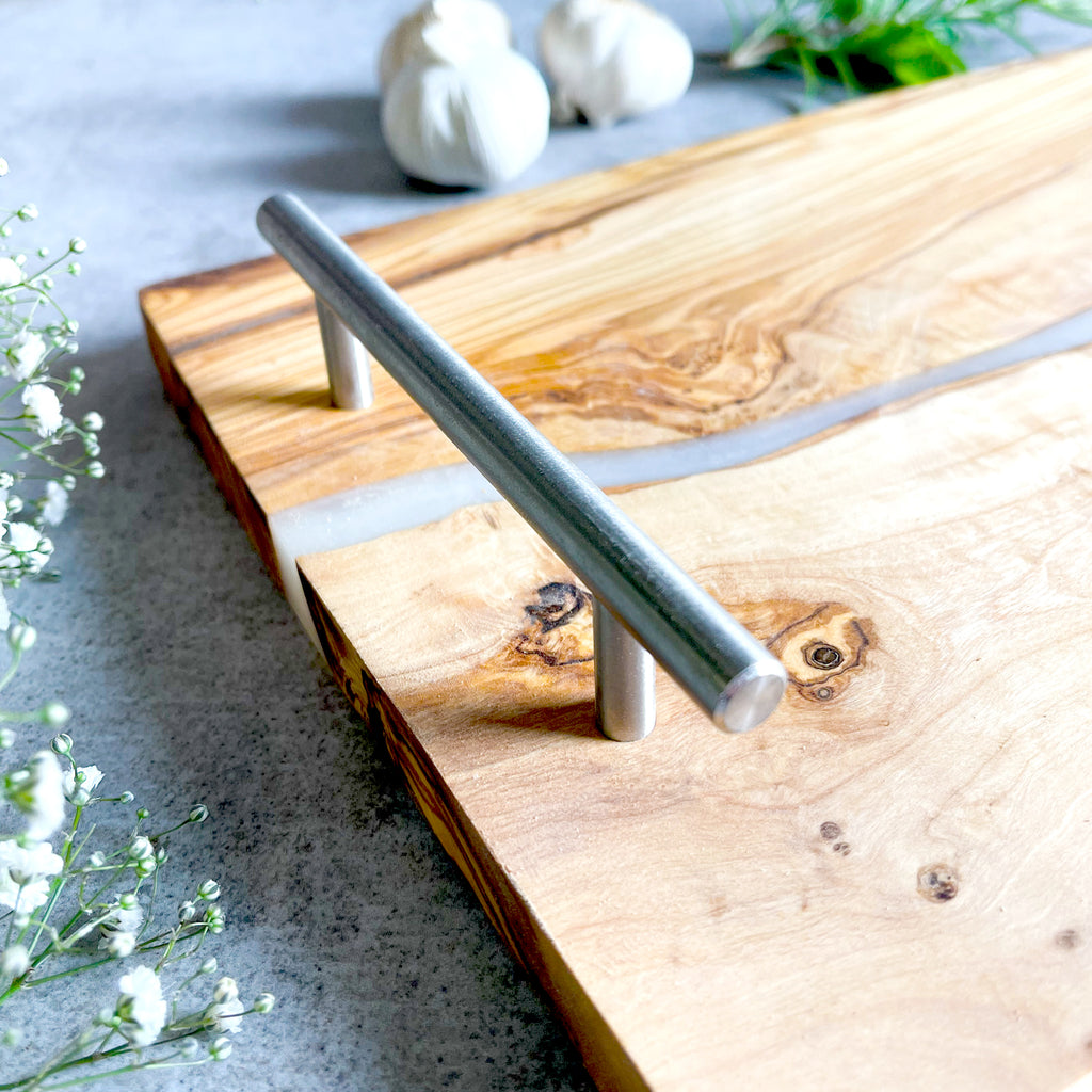 Olive Wood Resin River Tray - White Vein | Length 15.7" (40cm) Steel Handles
