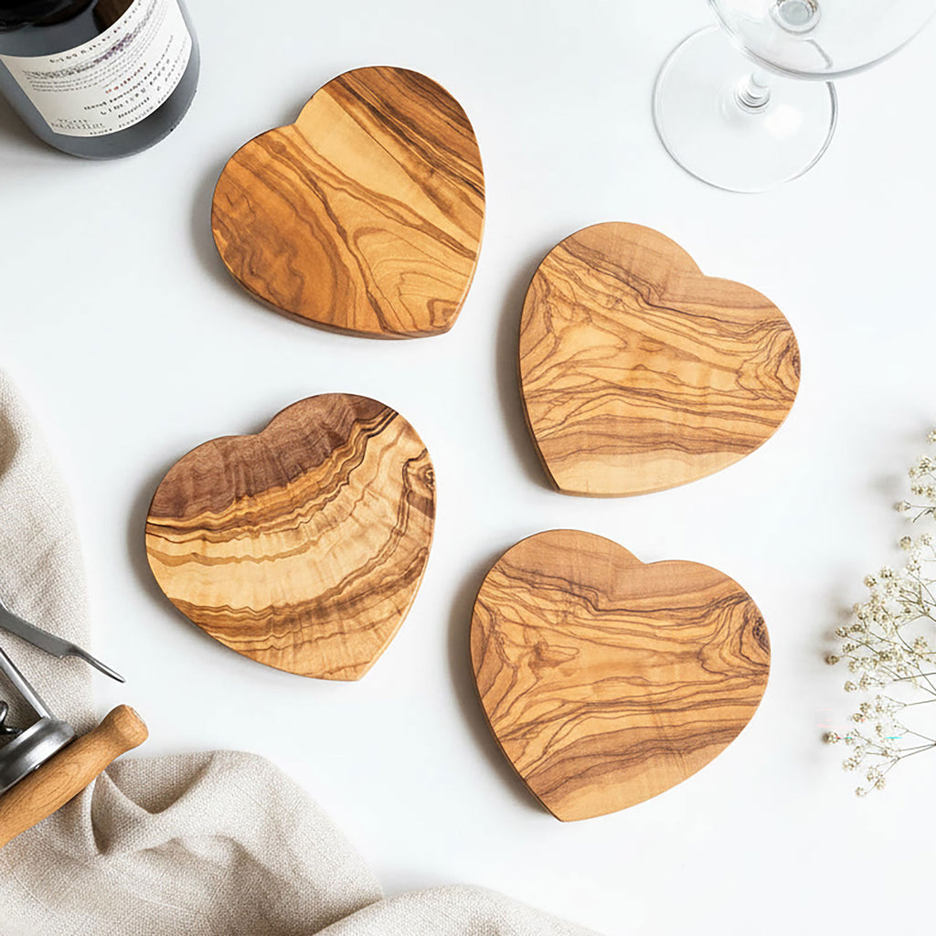 Set of 4 Italian Olive Wood Heart Coasters