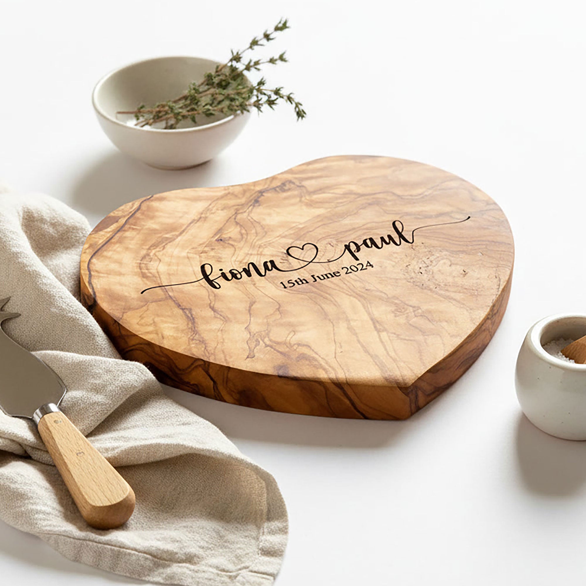 Personalised Heart Shaped Olive Wood Cheese Board