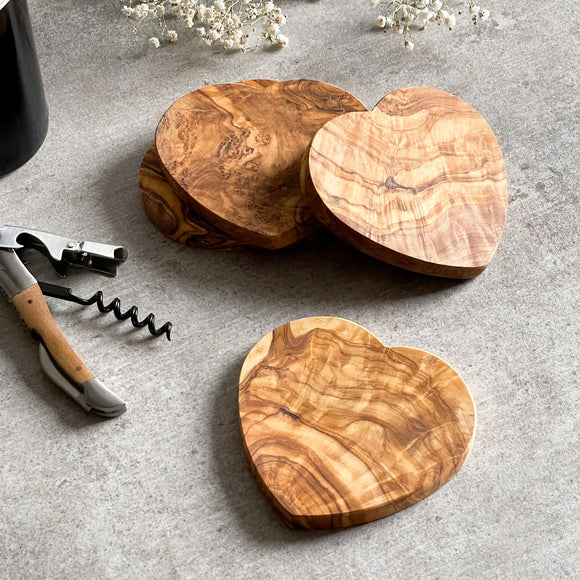 Italian Olive Wood Heart Drinks Coasters