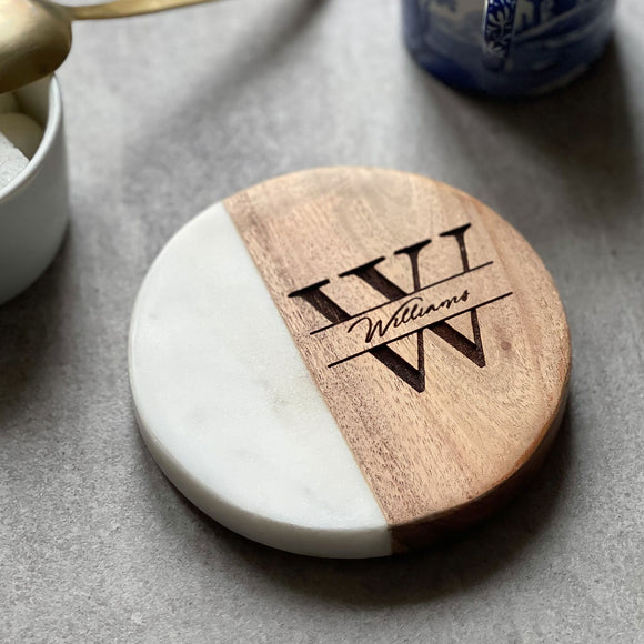 Personalised Monogram Marble & Acacia Wood Coaster | Birthday Gift