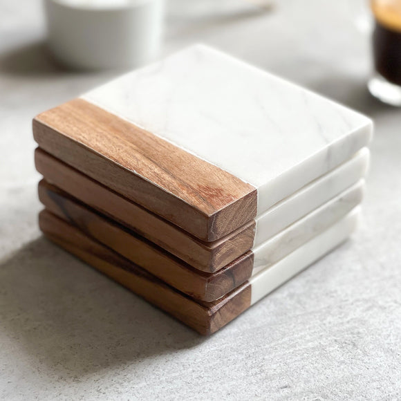 Set of 4 Marble & Acacia Square Coasters
