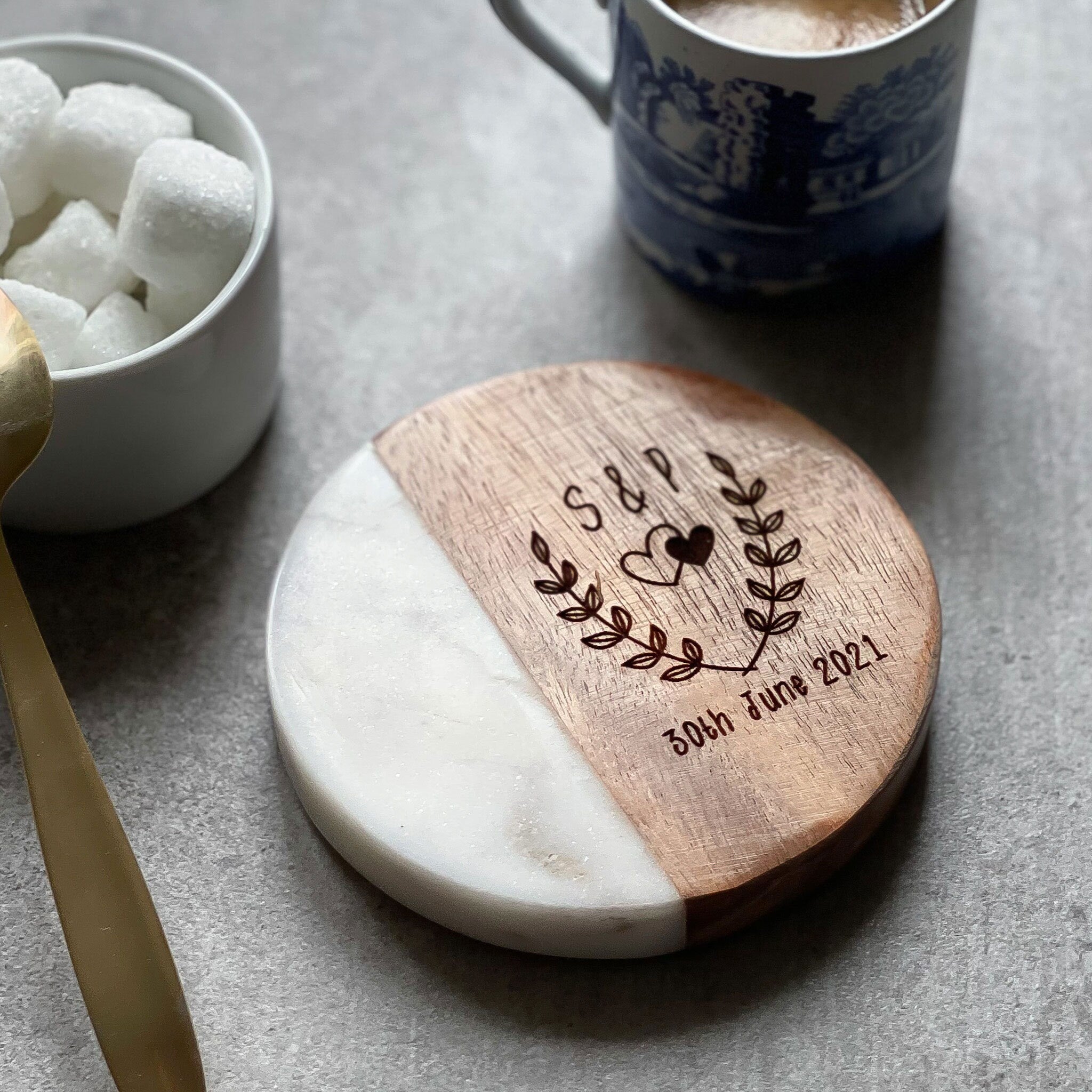 Personalised Marble & Wood Coaster
