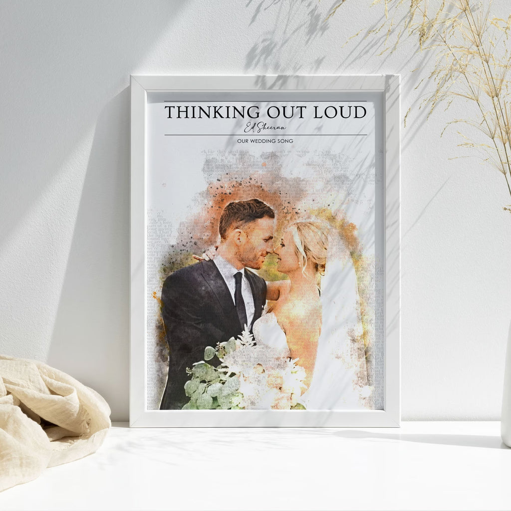 Personalised Watercolour Wedding Photo & Song Lyrics Print