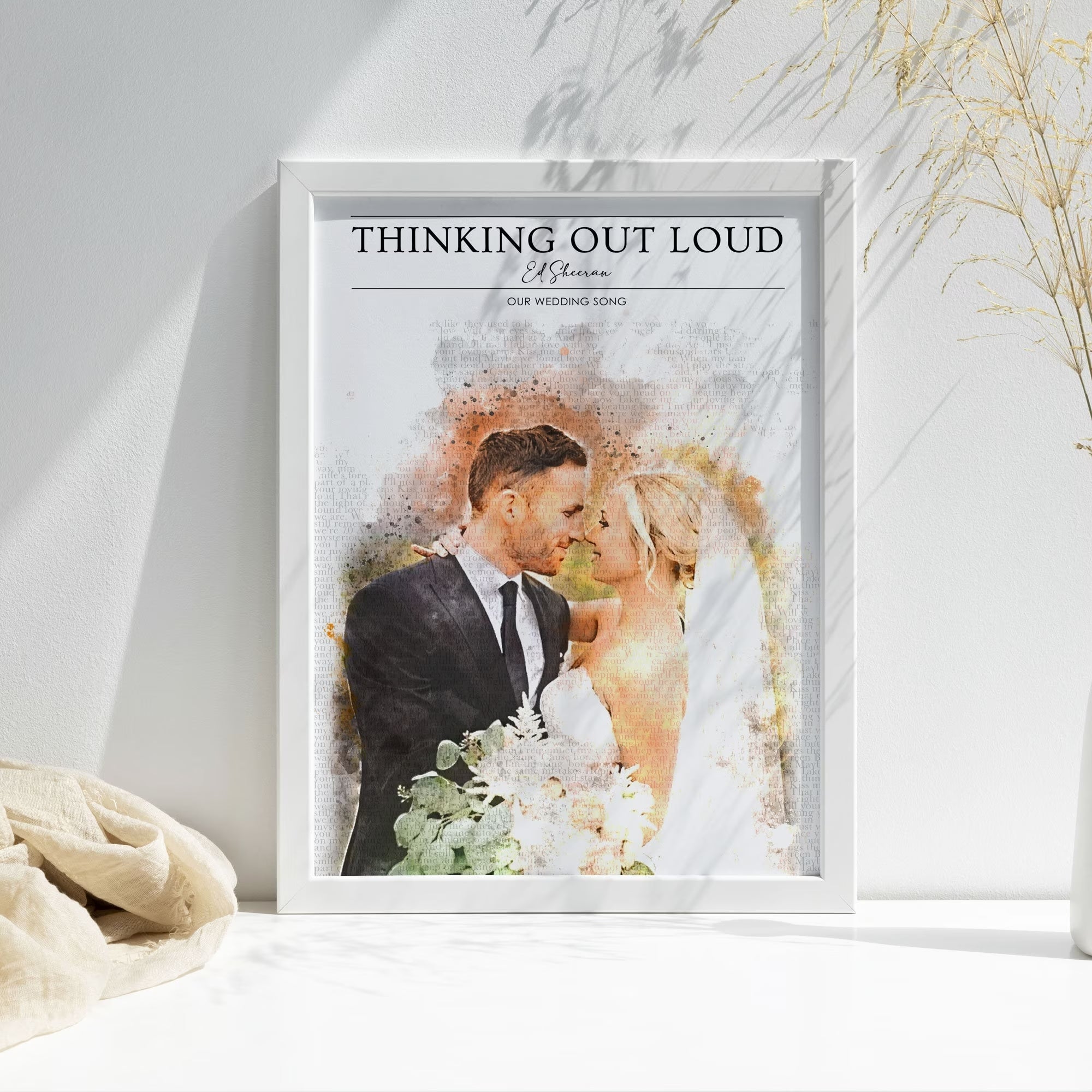 Personalised Watercolour Wedding Photo & Song Lyrics Print
