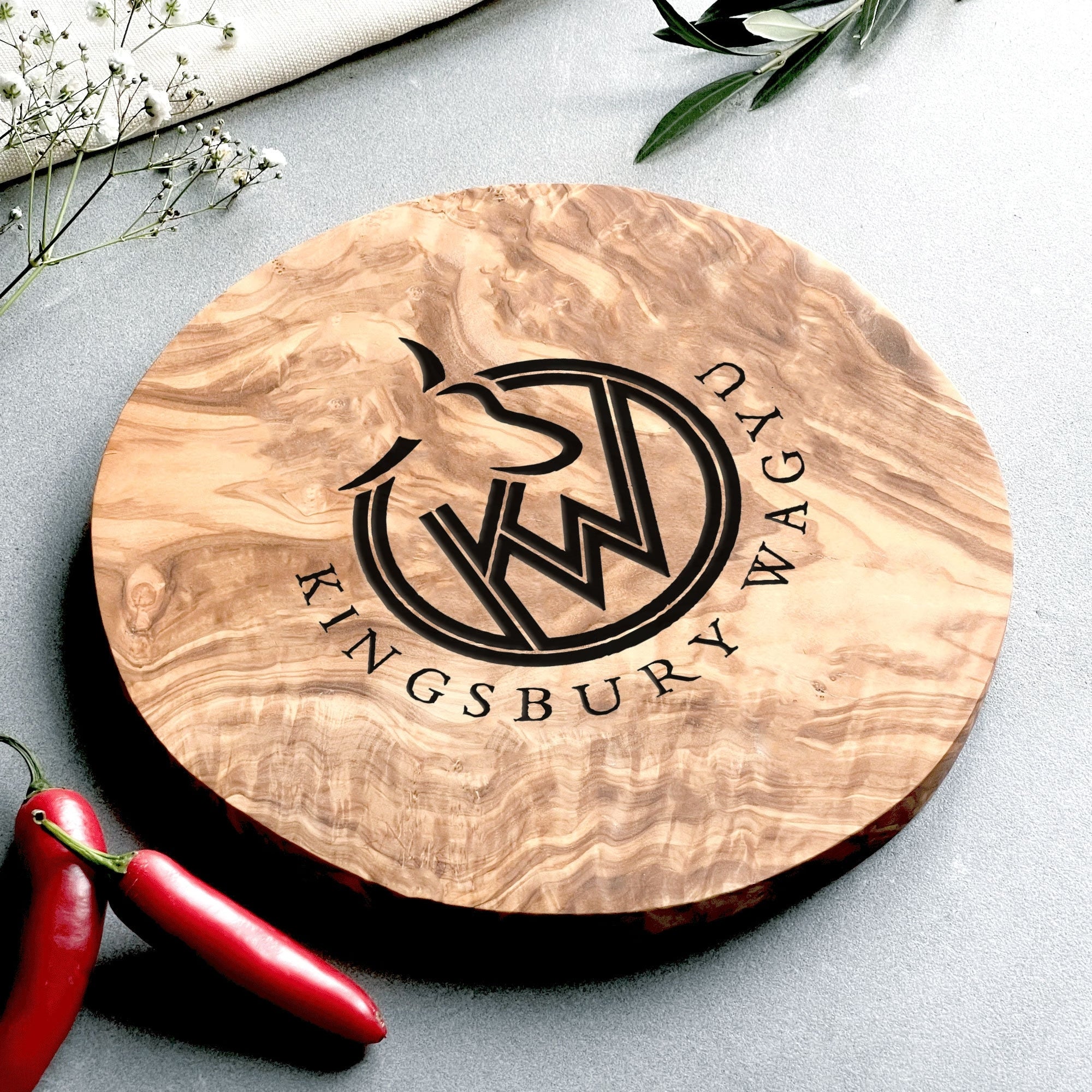 Your Own Logo Engraved Olive Wood Round Chopping/Cheese Board - 3 Sizes