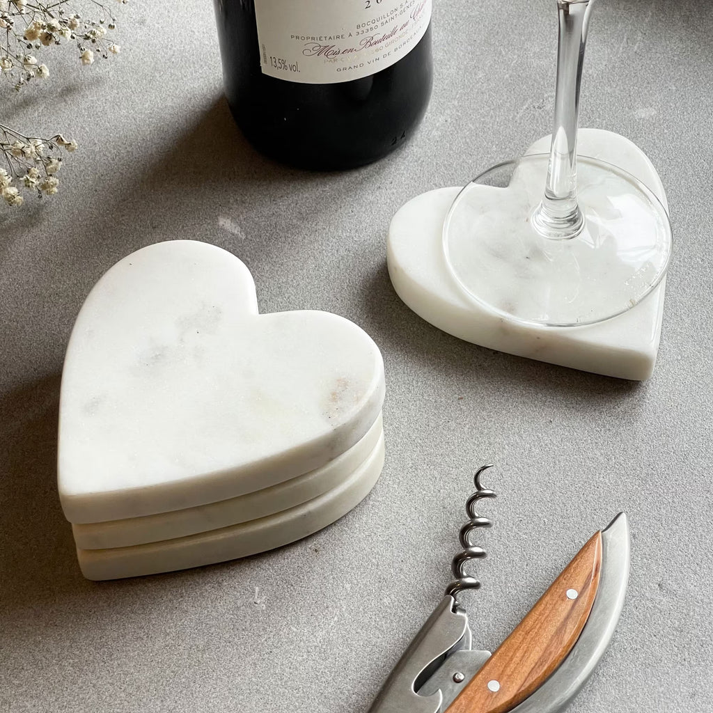 Set of 4 White Marble Heart-Shaped Coasters