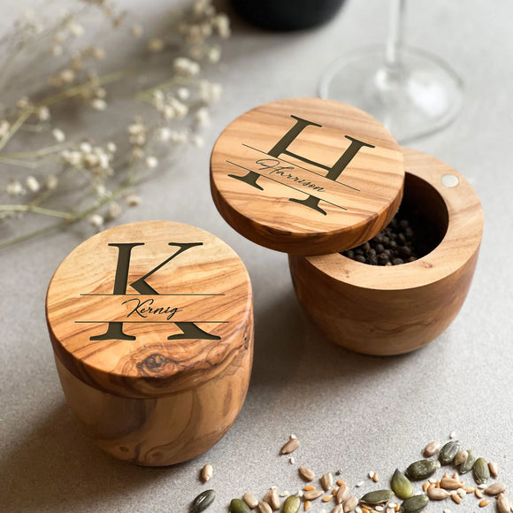 Personalised Monogrammed Olive Wood Salt / Pepper Pots