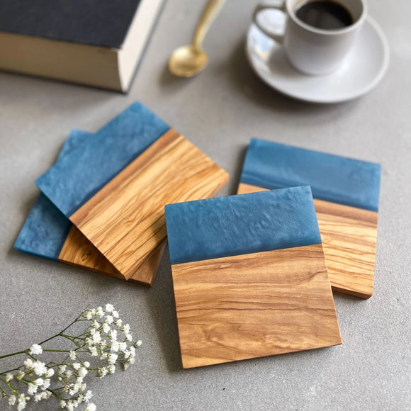 Set of 4 Italian Olive Wood and Marbled Blue Resin Drinks Coasters