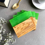 Set of 4 Italian Olive Wood and Vibrant Green Resin Drinks Coasters