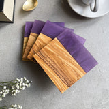 Set of 4 Italian Olive Wood and Grape Purple Resin Drinks Coasters