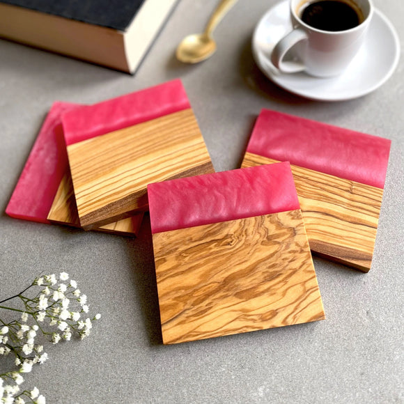 Set of 4 Italian Olive Wood and Vibrant Pink Resin Drinks Coasters