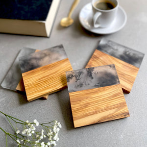 Set of 4 Italian Olive Wood and Smokey Resin Drinks Coasters