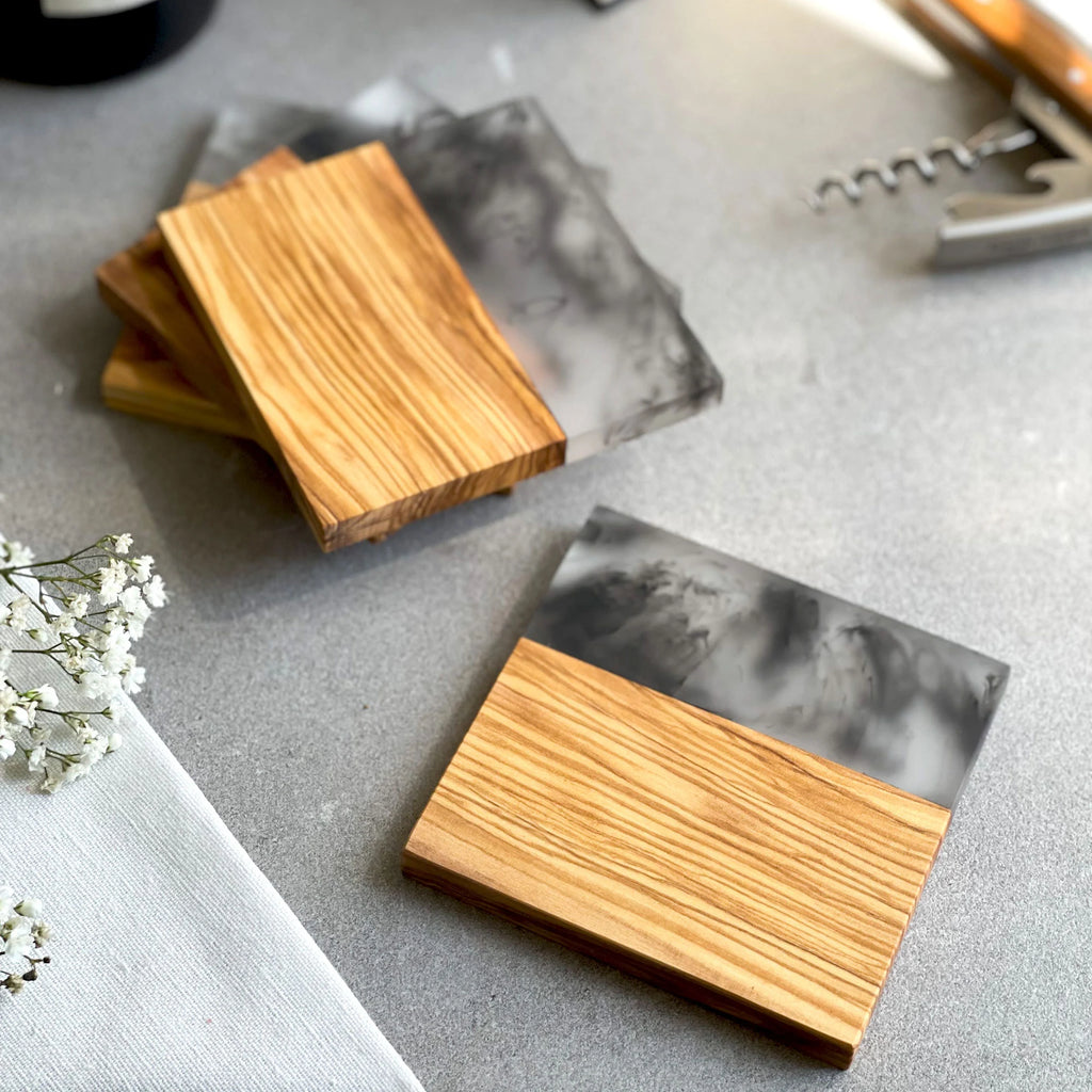 Set of 4 Italian Olive Wood and Smokey Resin Drinks Coasters