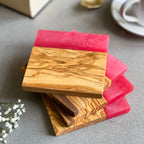Set of 4 Italian Olive Wood and Vibrant Pink Resin Drinks Coasters